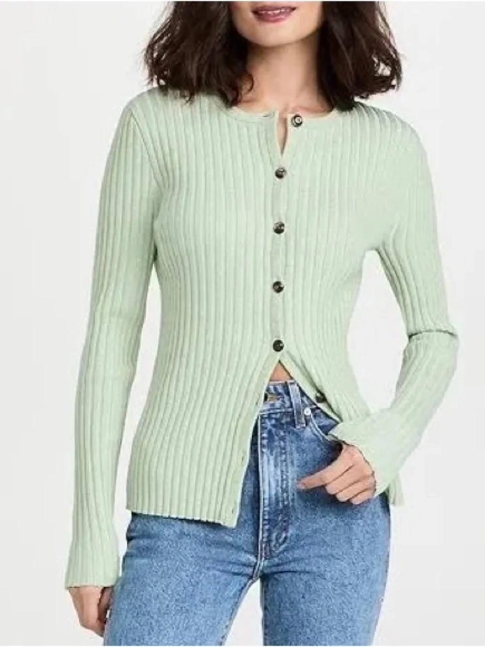 Tory Burch Metallic Lurex Striped Mint Green Ribbed Button-Front Cardigan Large